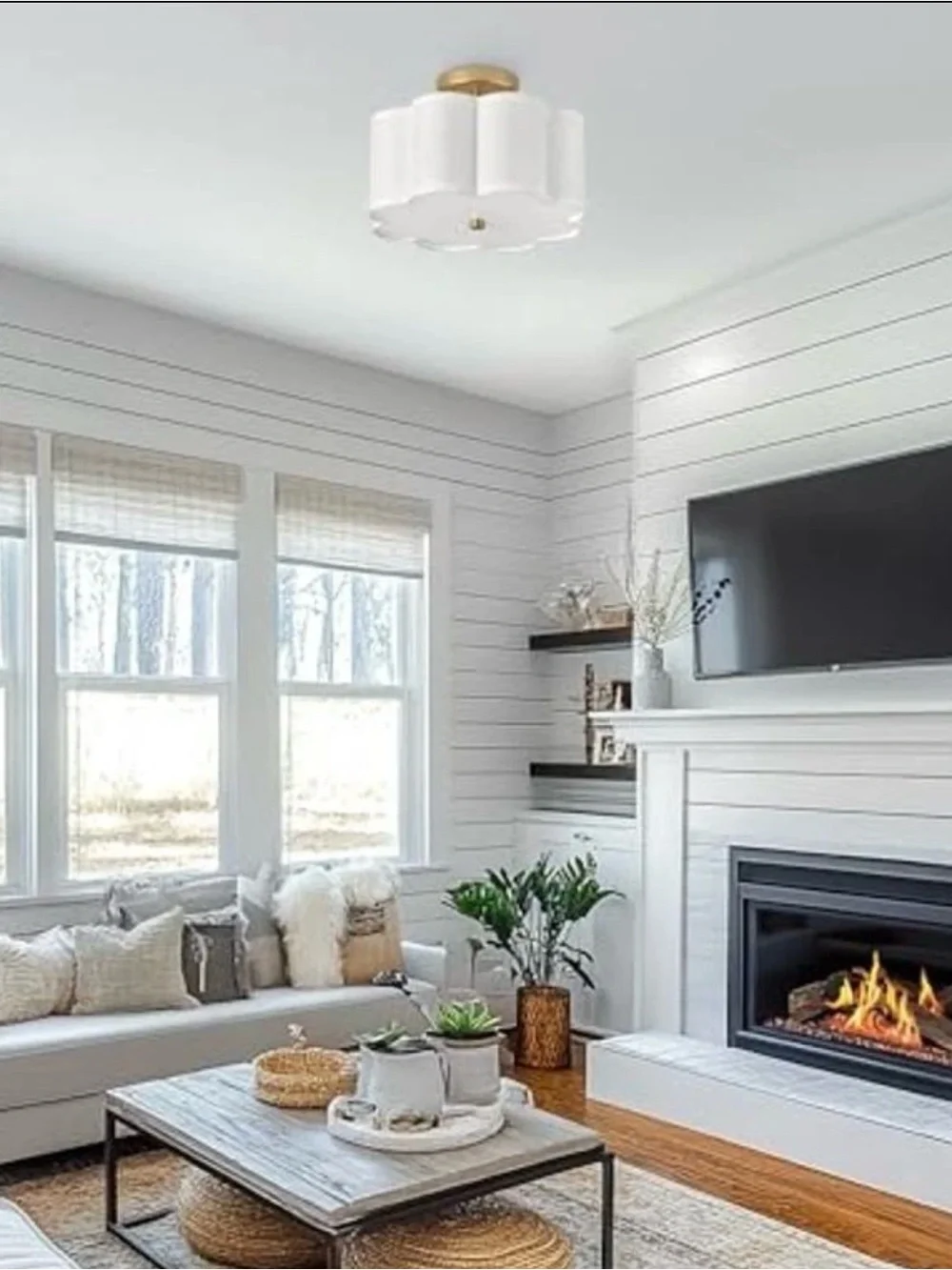 Gold Semi-Flush Ceiling Light with Ivory Fabric Shade